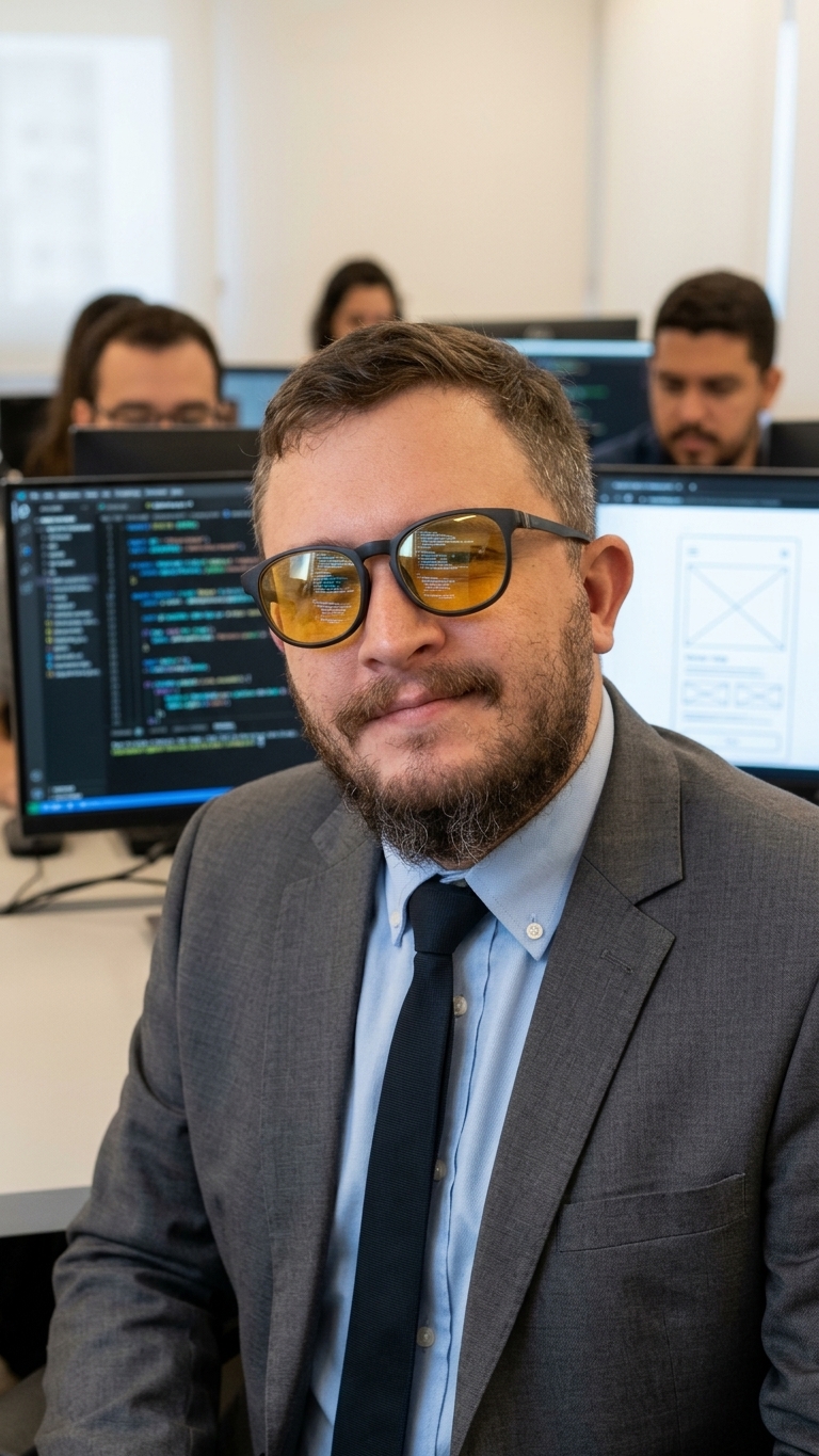 Luan, de óculos e terno cinza, numa sala com computadores mostrando código